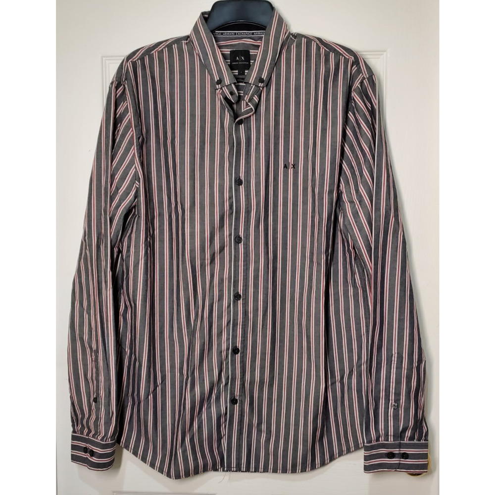 Armani Exchange A|X Shirt Mens L Gray Red White Striped Button Up Long Sleeve